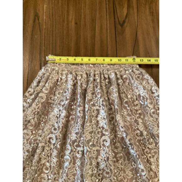 Anthropologie HD in PARIS Champagne Silver Metallic Lace Eyelash Hem Skirt Sz 0 - Picture 12 of 14